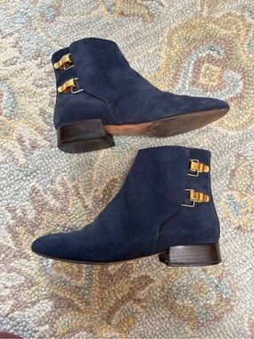 Chloe Navy Suede Ankle Booties with Gold Buckle Detail